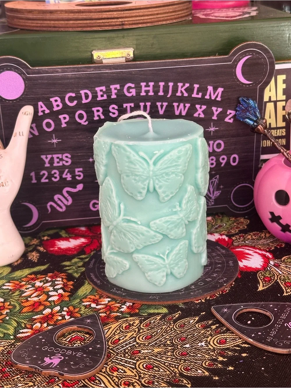 Butterfly Pillar Candle | Aqua Butterfly Candle | Cottagecore Decor
